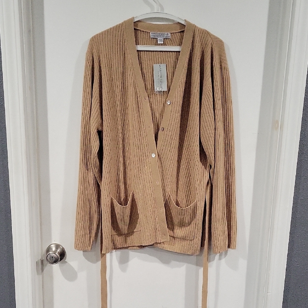 Tan Ribbed Cardigan Sweater